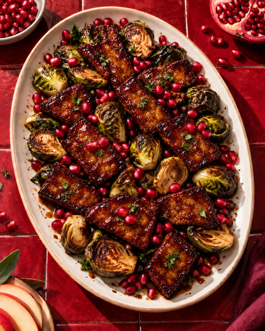 Pomegranate Tempeh & Roasted Brussels Sprouts