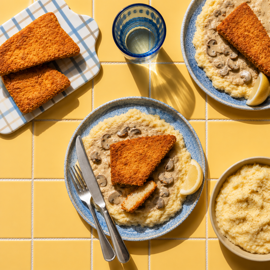 Noir-Style Tempeh Schnitzel & Mashed Potatoes